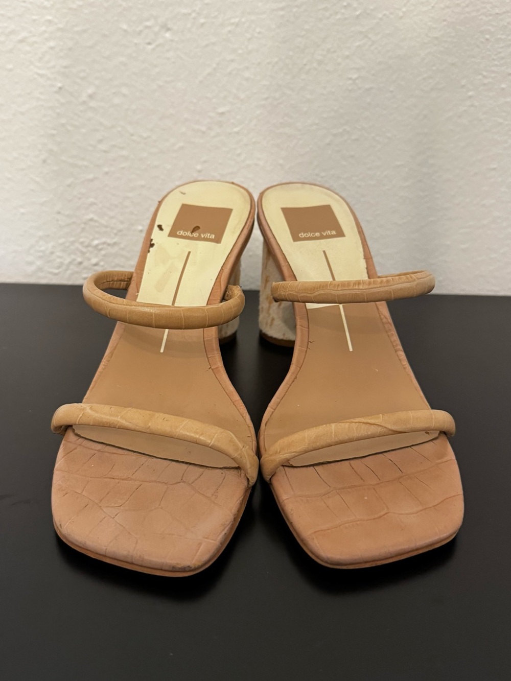 Dolce Vita Tan Croc-Embossed Double Strap Heel Sandals w/ Pony Hair Heel - Picture 3 of 12